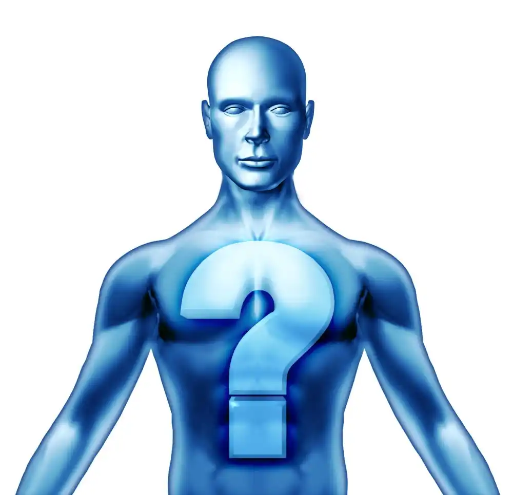 A blue-tinted humanoid figure stands facing forward with a large, illuminated question mark superimposed on its chest, set against a plain white background.